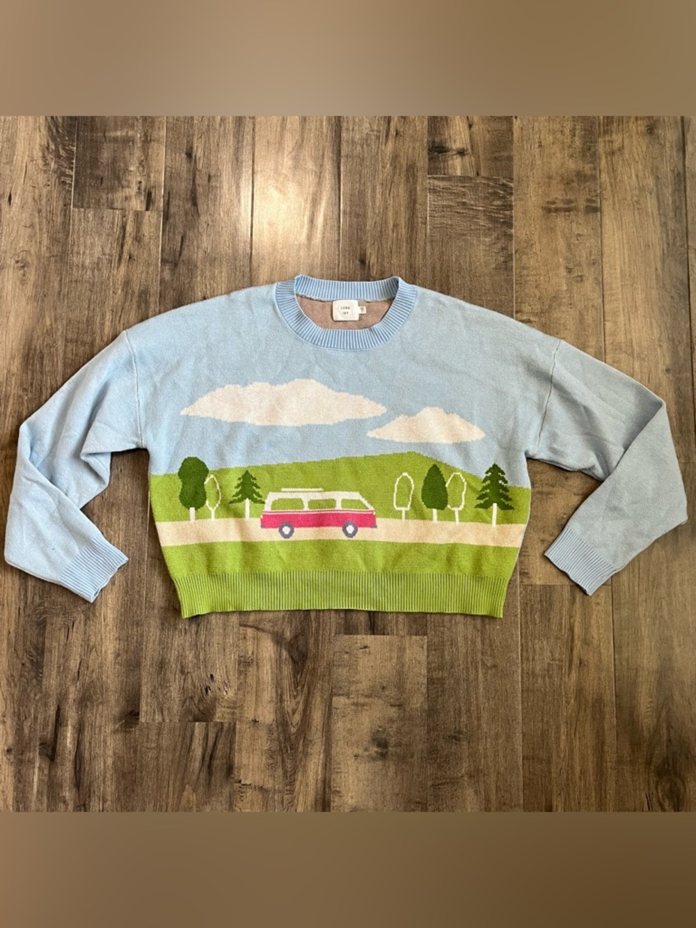 Luna Ivy blue scenic camper van knit cropped sweater
